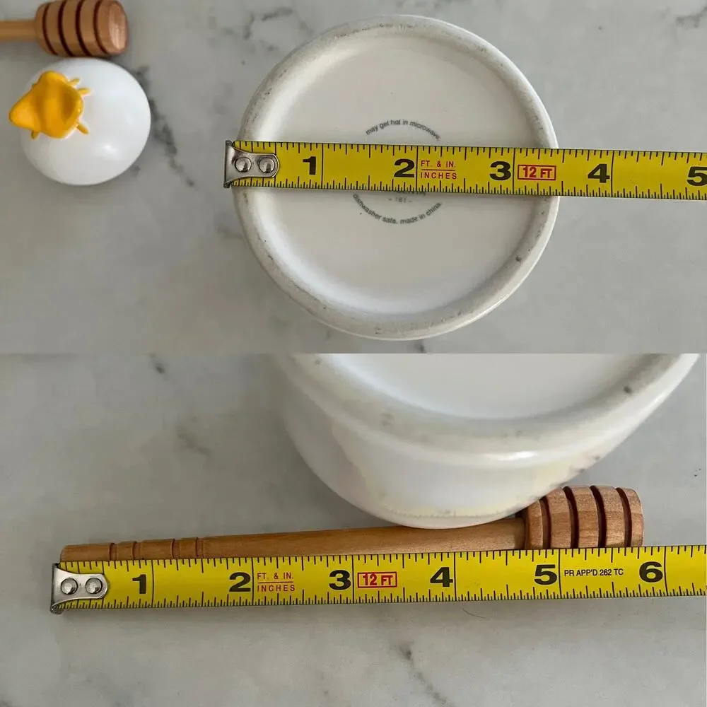 Rae Dunn Ceramic HONEY Pot/ Jar With Wooden Honey Dipper & Yellow Bee Lid